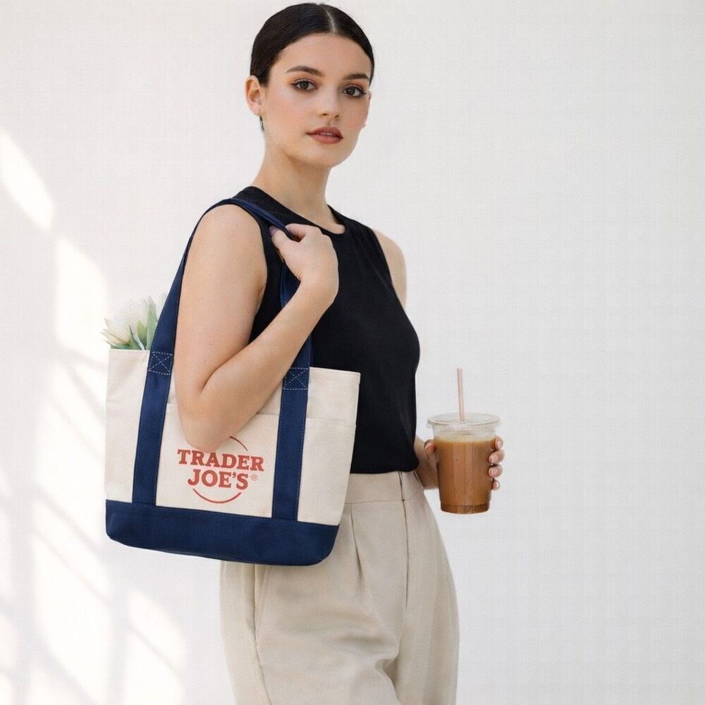 Trader Joe’s Mini Canvas Tote Bag - Navy Blue & Cream, Reusable, New with Tags